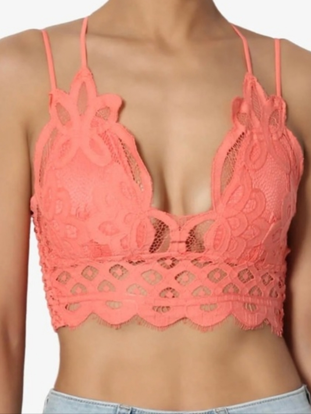 Zenana Women's Floral Lace Bralette Smocked Back Padded LT-6333X 1X,2X,3X Coral